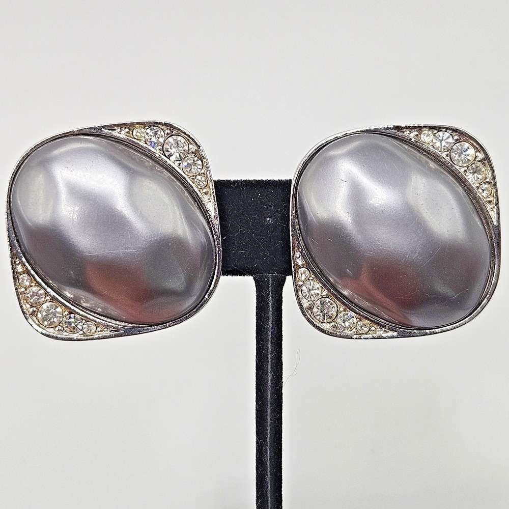 Yves Saint Laurent YSL Faux Pearl Crystal Earrings Clip On Gray Silver Tone VTG